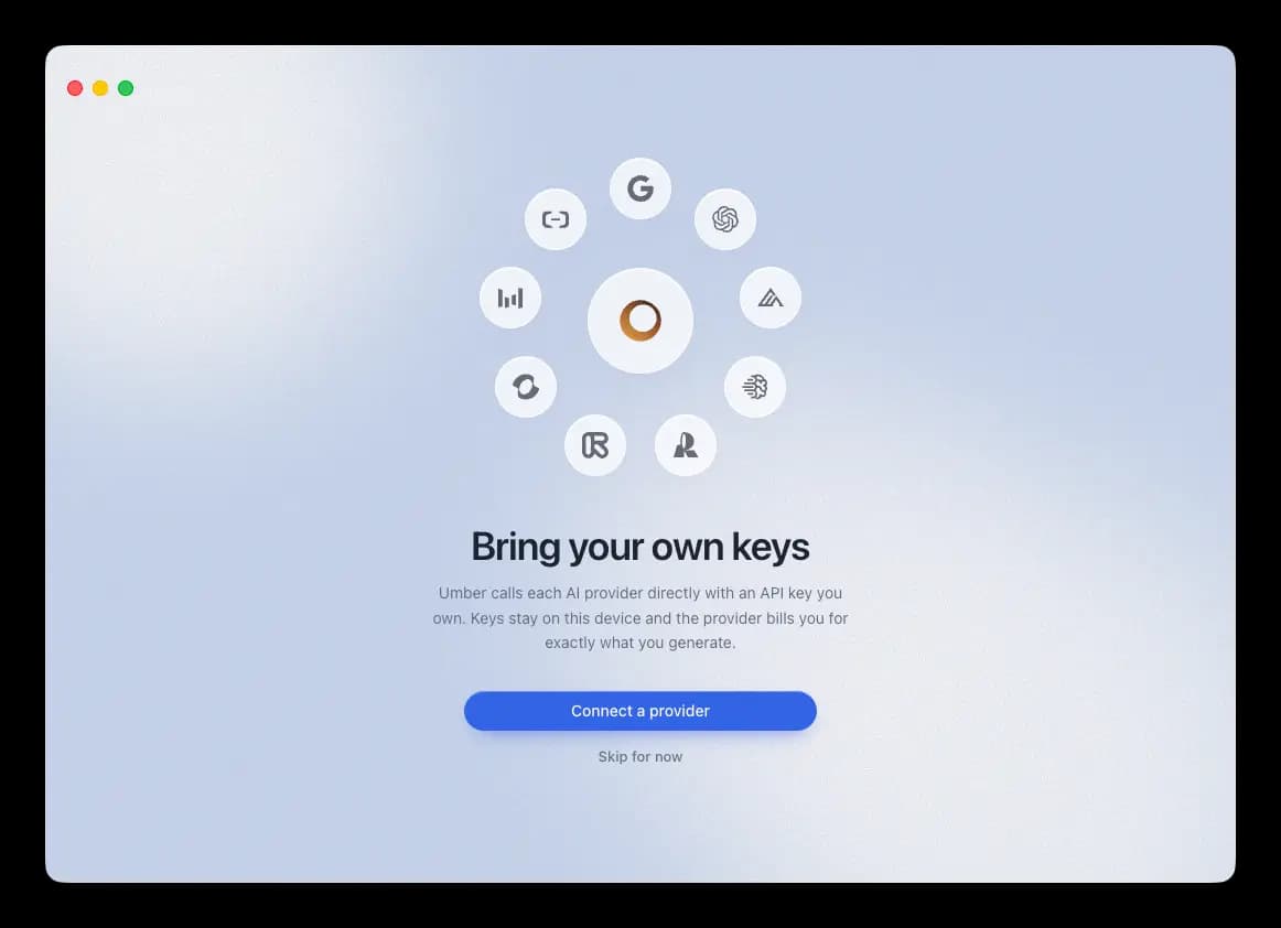 Umber's setup screen: logos for Google, OpenAI, Black Forest Labs and other providers ringing the Umber mark, above the heading “Bring your own keys” and a Connect a provider button.